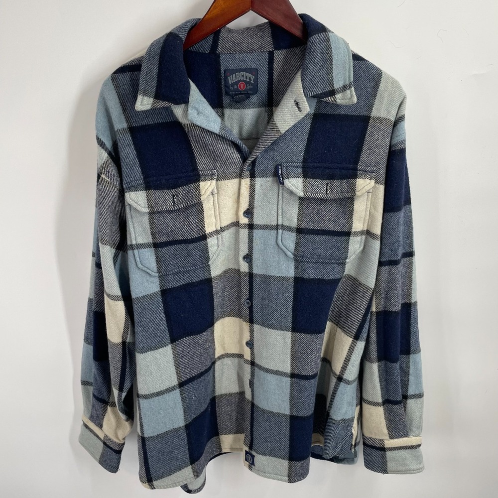 VTG Varcity By No Joke Long Sleeve Plaid Wool Blend Flannel Shacket Blue Size L